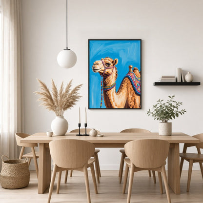 Capture the majesty of the desert with this stunning camel portrait, featuring vivid colors and for Dining