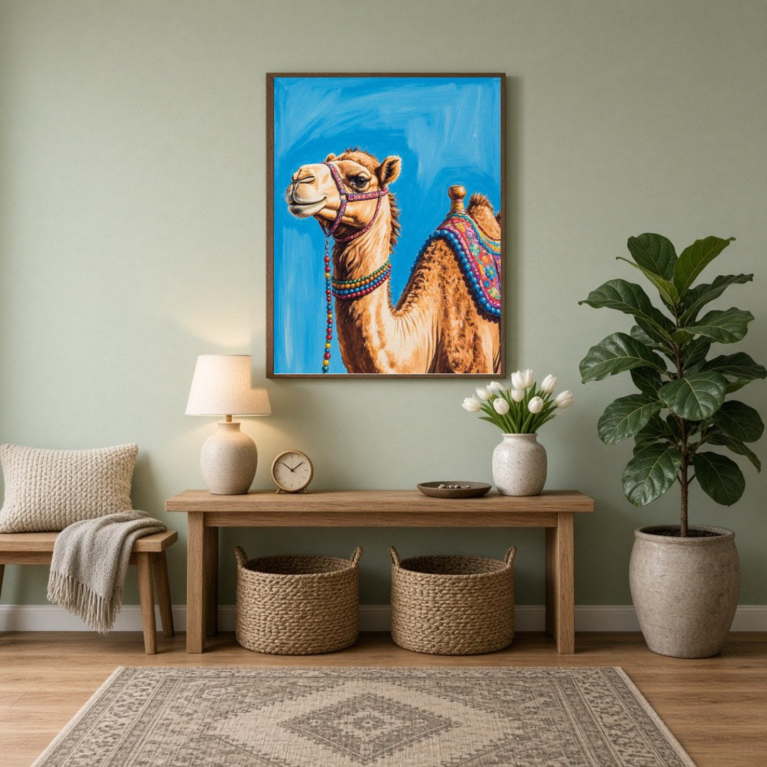 Capture the majesty of the desert with this stunning camel portrait, featuring vivid colors and for Entrance