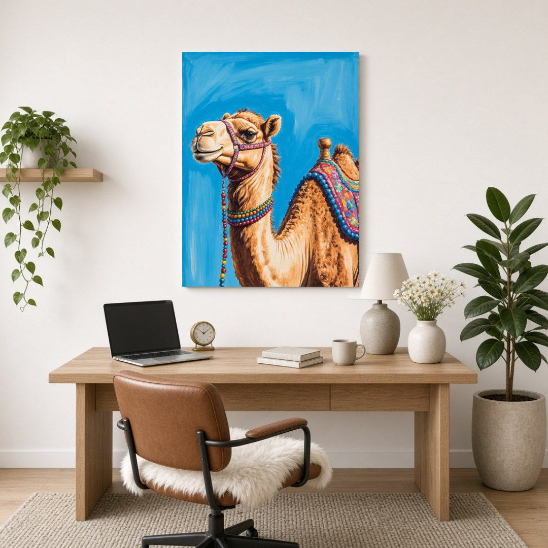 Capture the majesty of the desert with this stunning camel portrait, featuring vivid colors and for Home Office