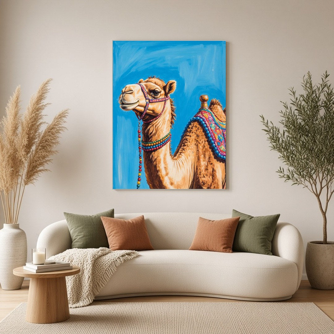 Capture the majesty of the desert with this stunning camel portrait, featuring vivid colors and for Living Room