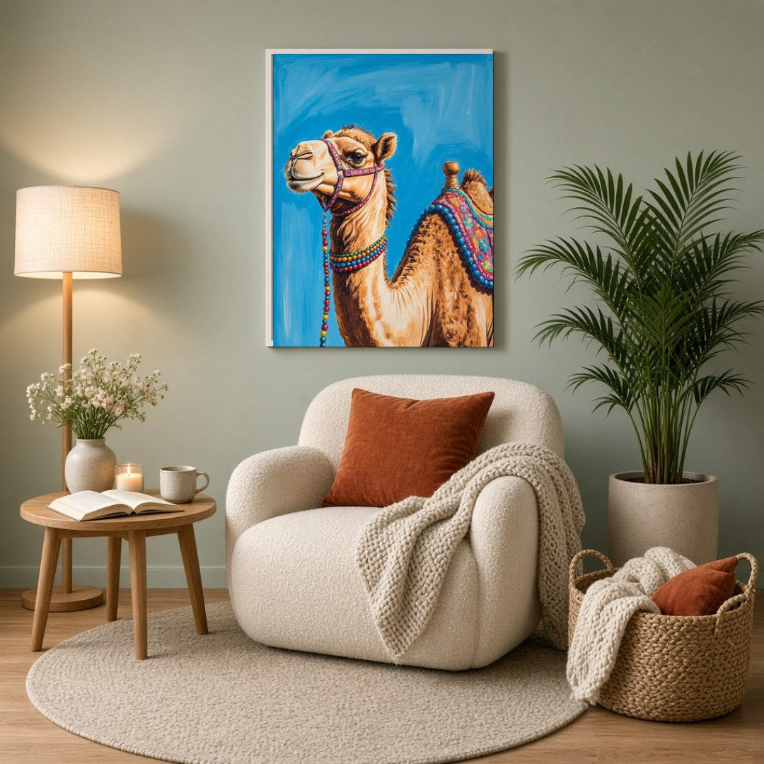 Capture the majesty of the desert with this stunning camel portrait, featuring vivid colors and for Reading Nook