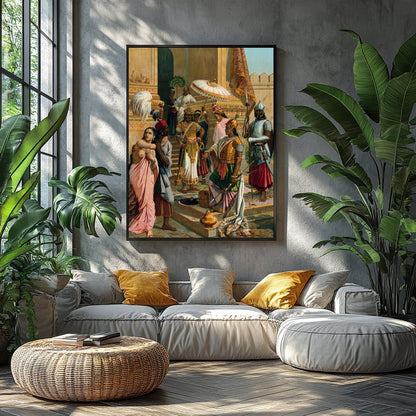 Experience the grandeur of history with this intricate artwork depicting a royal gathering in a for Balcony