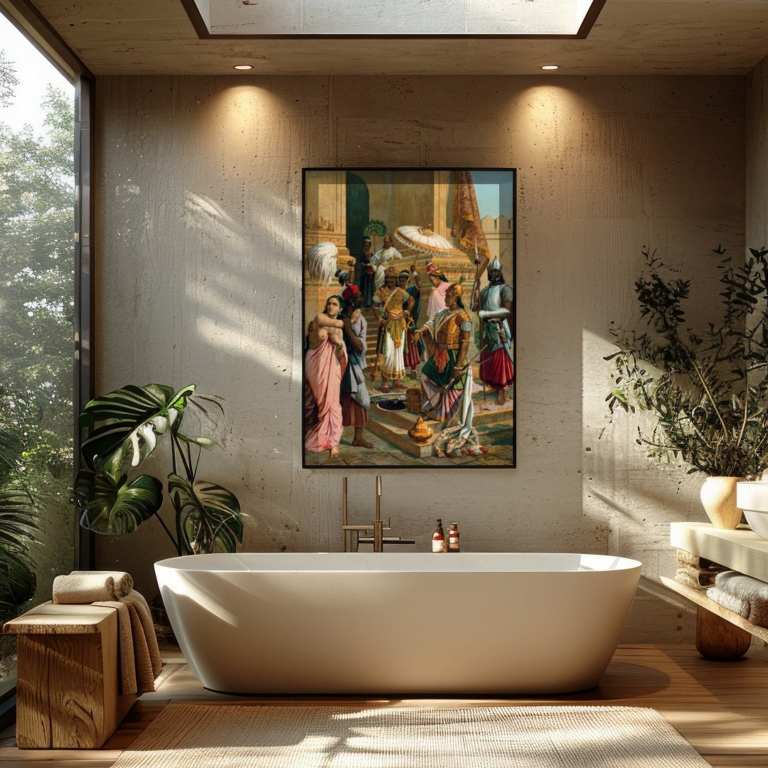 Experience the grandeur of history with this intricate artwork depicting a royal gathering in a for Bathroom