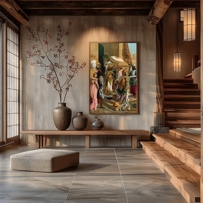 Experience the grandeur of history with this intricate artwork depicting a royal gathering in a for Hall