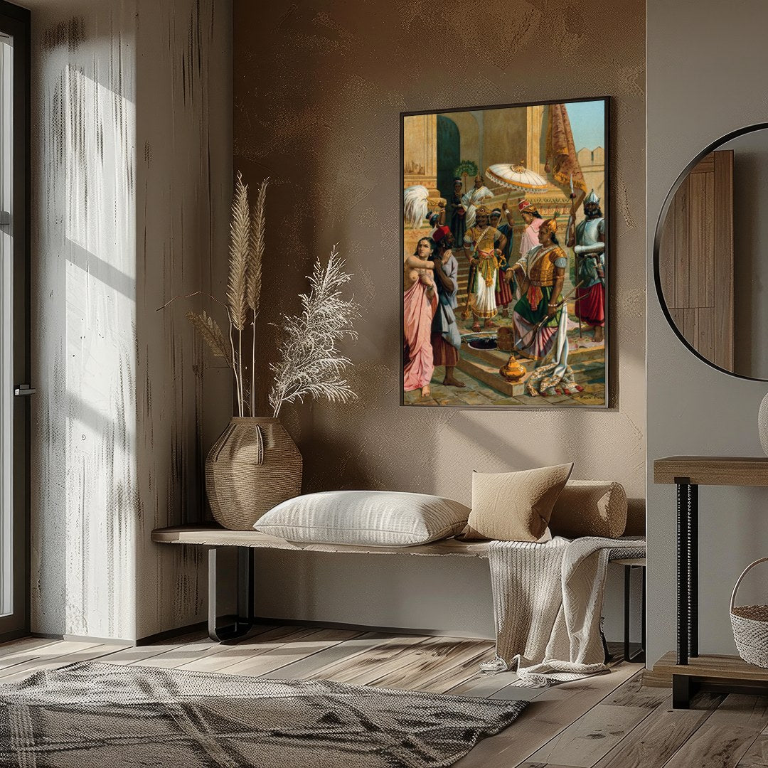 Experience the grandeur of history with this intricate artwork depicting a royal gathering in a for haven