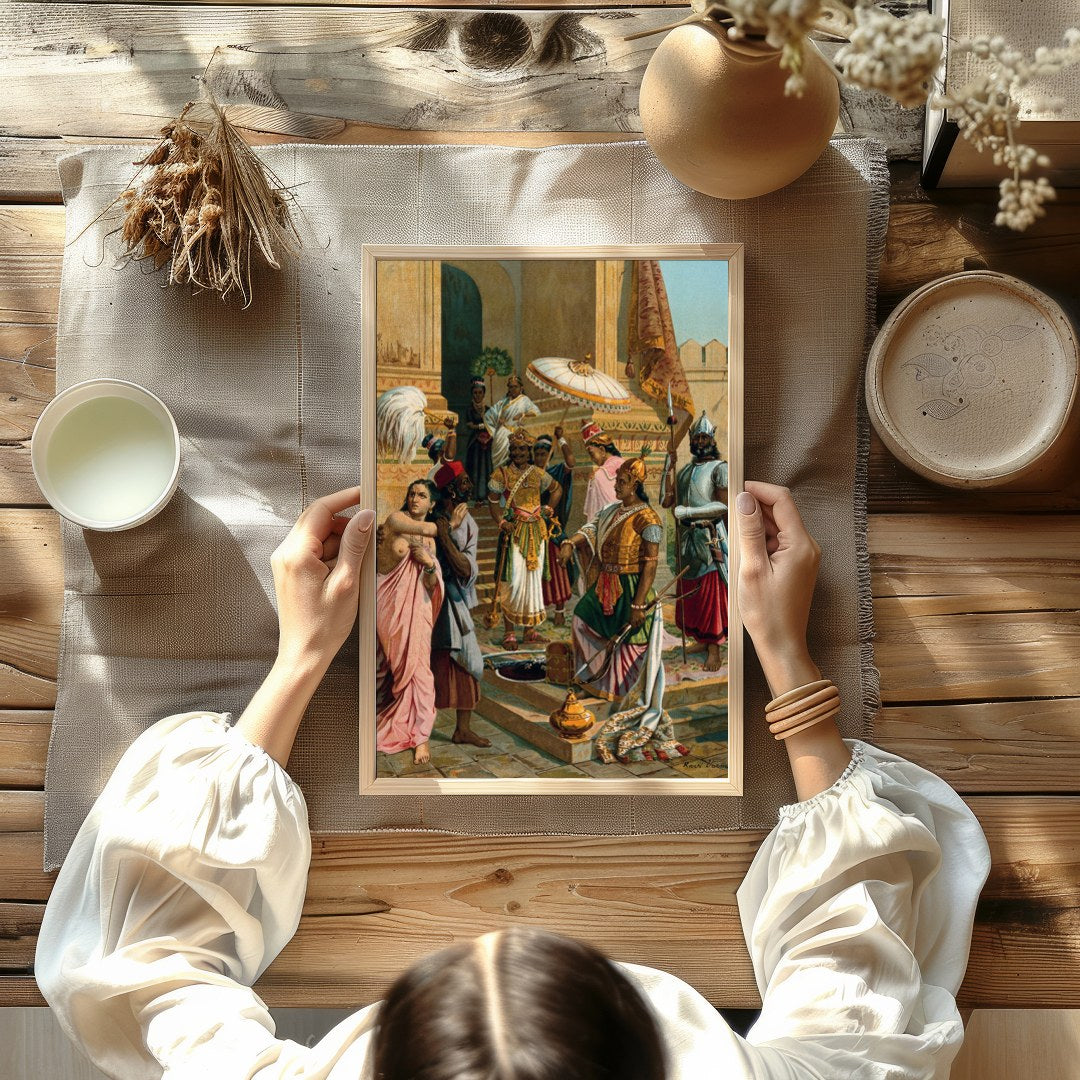 Experience the grandeur of history with this intricate artwork depicting a royal gathering in a for room