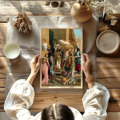 Experience the grandeur of history with this intricate artwork depicting a royal gathering in a for room