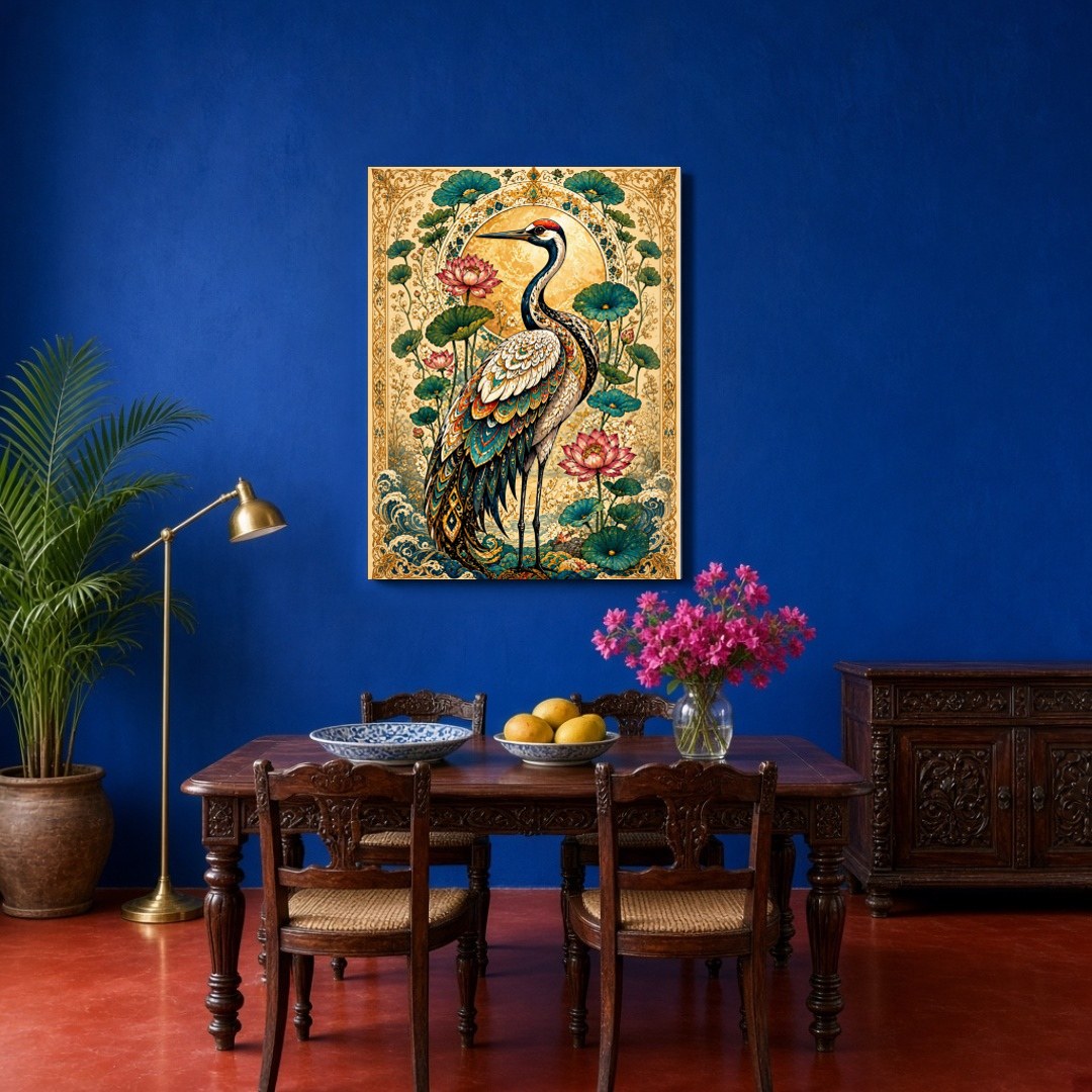 This exquisite artwork features a majestic crane surrounded by blooming lotuses, set against a for Dining