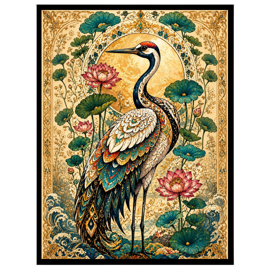 This exquisite artwork features a majestic crane surrounded by blooming lotuses, set against a for dwelling