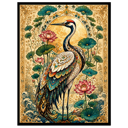 This exquisite artwork features a majestic crane surrounded by blooming lotuses, set against a for dwelling