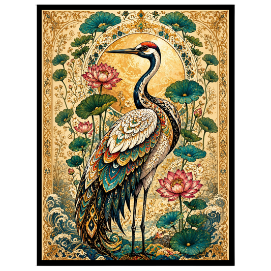 This exquisite artwork features a majestic crane surrounded by blooming lotuses, set against a for dwelling