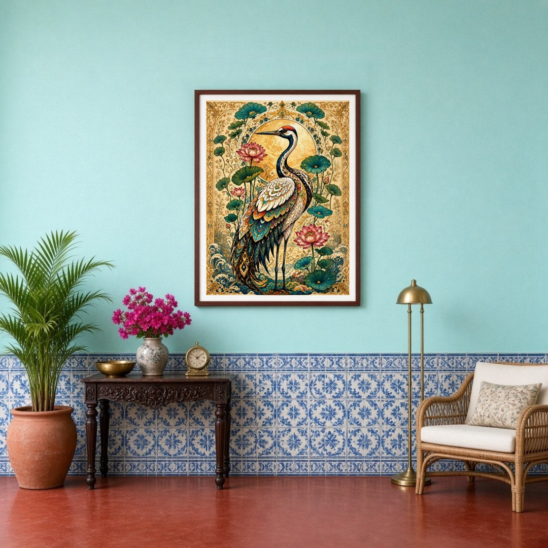 This exquisite artwork features a majestic crane surrounded by blooming lotuses, set against a for Entrance