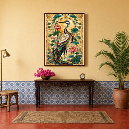 This exquisite artwork features a majestic crane surrounded by blooming lotuses, set against a for Hallway