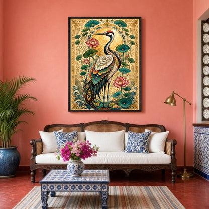 This exquisite artwork features a majestic crane surrounded by blooming lotuses, set against a for Living Room