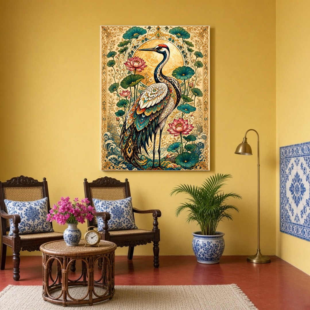 This exquisite artwork features a majestic crane surrounded by blooming lotuses, set against a for Sitting Area