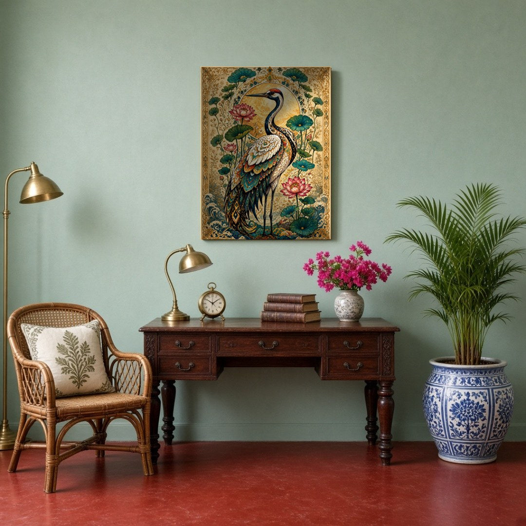 This exquisite artwork features a majestic crane surrounded by blooming lotuses, set against a for Study