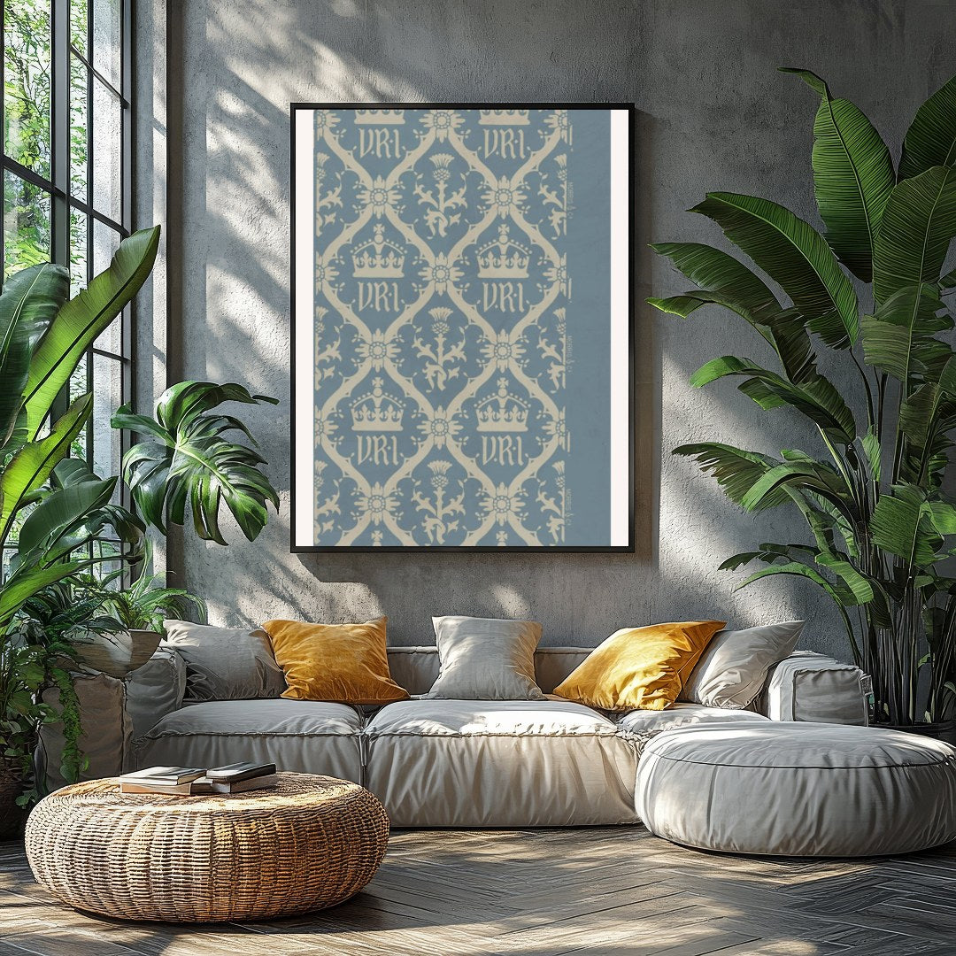 This exquisite artwork captures a vintage-inspired regal crown pattern, set against a calming blue for Balcony
