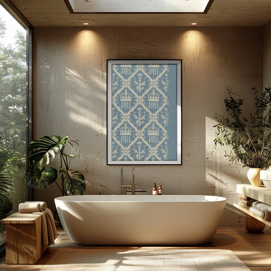 This exquisite artwork captures a vintage-inspired regal crown pattern, set against a calming blue for Bathroom