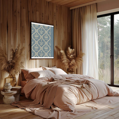 This exquisite artwork captures a vintage-inspired regal crown pattern, set against a calming blue for Bedroom