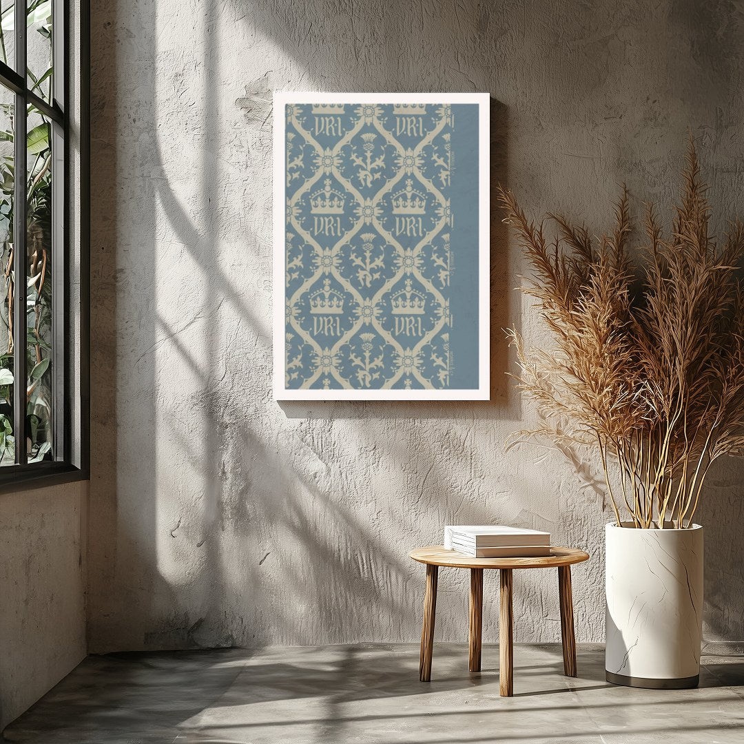 This exquisite artwork captures a vintage-inspired regal crown pattern, set against a calming blue for Entrance
