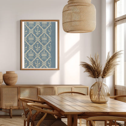 This exquisite artwork captures a vintage-inspired regal crown pattern, set against a calming blue for Extra Kitchen