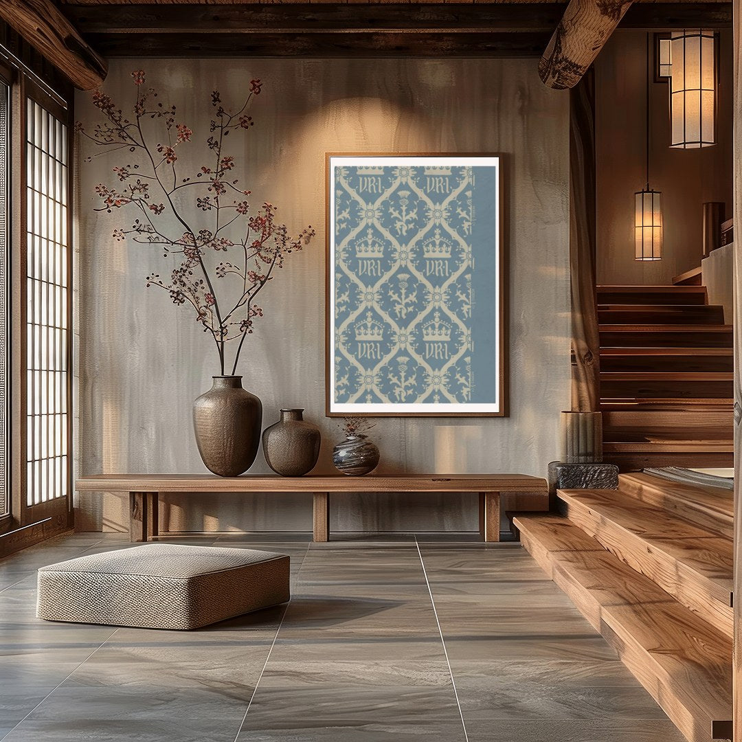 This exquisite artwork captures a vintage-inspired regal crown pattern, set against a calming blue for Hall