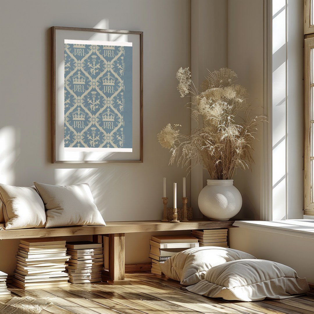 This exquisite artwork captures a vintage-inspired regal crown pattern, set against a calming blue for haven