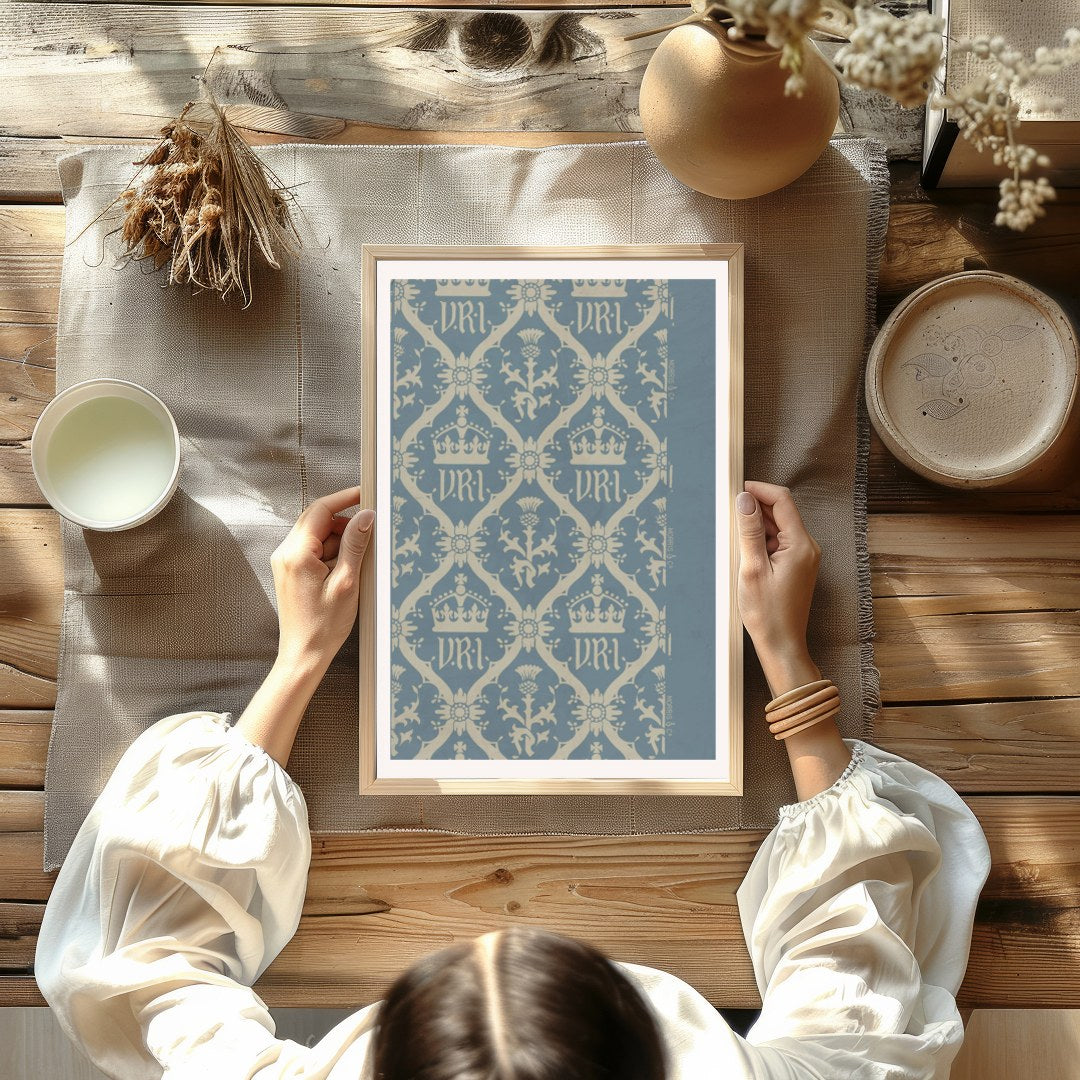 This exquisite artwork captures a vintage-inspired regal crown pattern, set against a calming blue for Kitchen