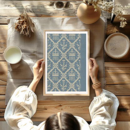 This exquisite artwork captures a vintage-inspired regal crown pattern, set against a calming blue for Kitchen