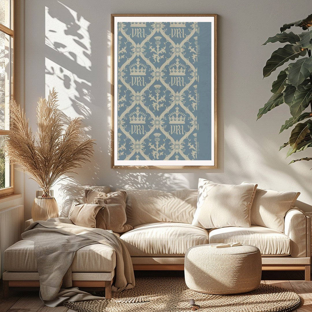 This exquisite artwork captures a vintage-inspired regal crown pattern, set against a calming blue for Sitting Area