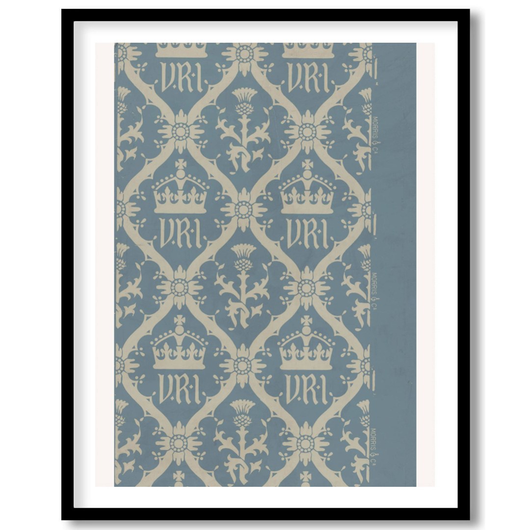 This exquisite artwork captures a vintage-inspired regal crown pattern, set against a calming blue for studio