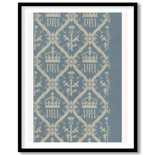 This exquisite artwork captures a vintage-inspired regal crown pattern, set against a calming blue for studio