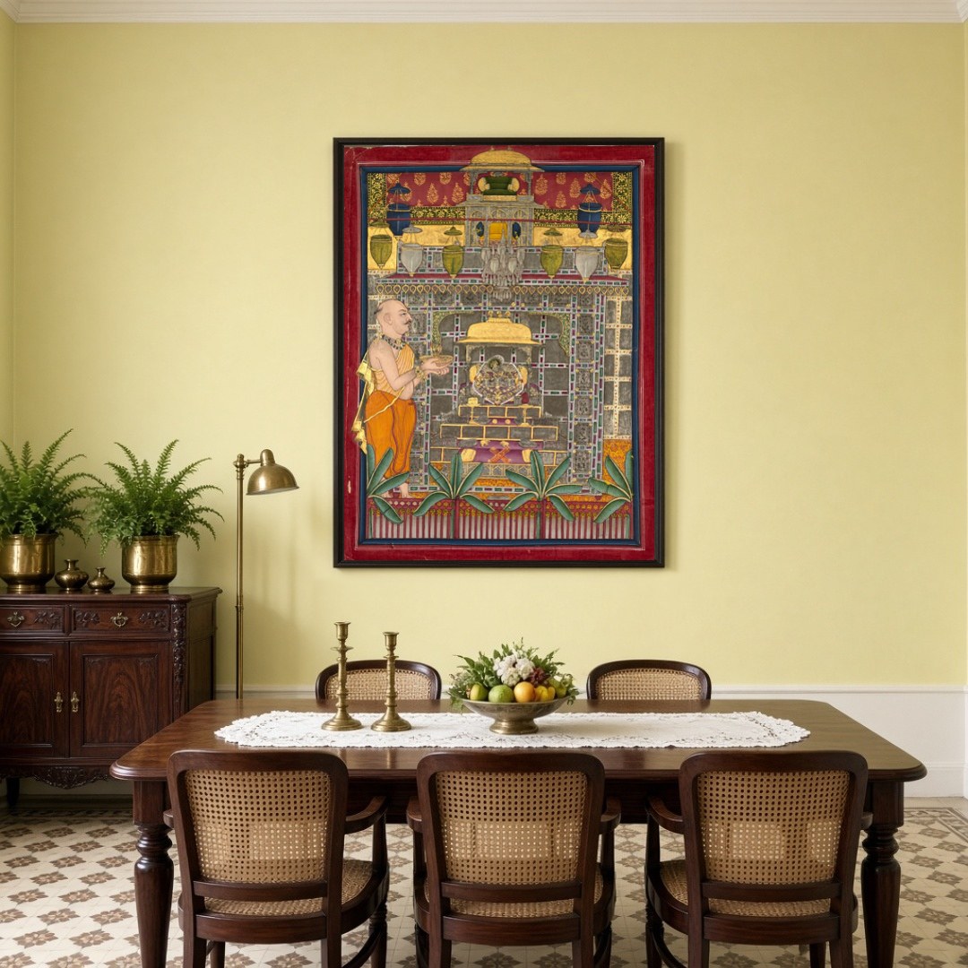 Immerse yourself in the sacred elegance of Pichwai art with 'Regal Devotion: Shrinathji in Divine for Dining