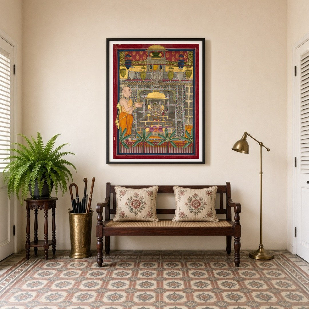 Immerse yourself in the sacred elegance of Pichwai art with 'Regal Devotion: Shrinathji in Divine for Entrance