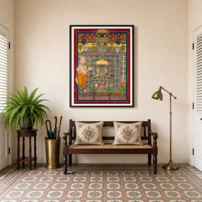 Immerse yourself in the sacred elegance of Pichwai art with 'Regal Devotion: Shrinathji in Divine for Entrance
