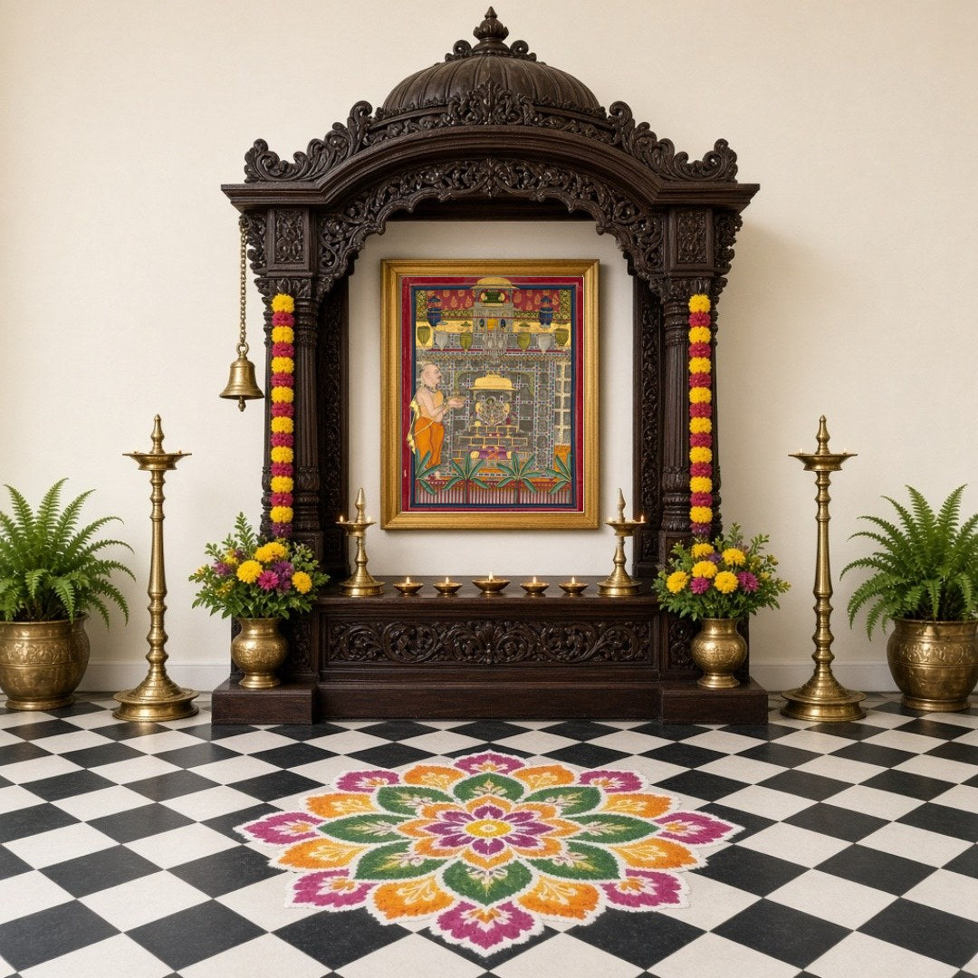 Immerse yourself in the sacred elegance of Pichwai art with 'Regal Devotion: Shrinathji in Divine for Home Temple