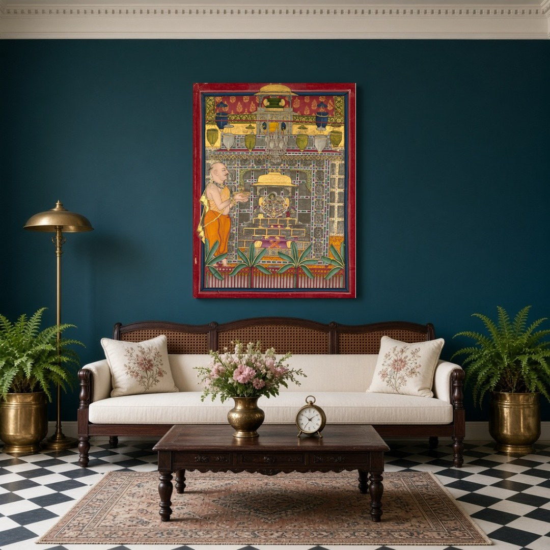 Immerse yourself in the sacred elegance of Pichwai art with 'Regal Devotion: Shrinathji in Divine for Living Room