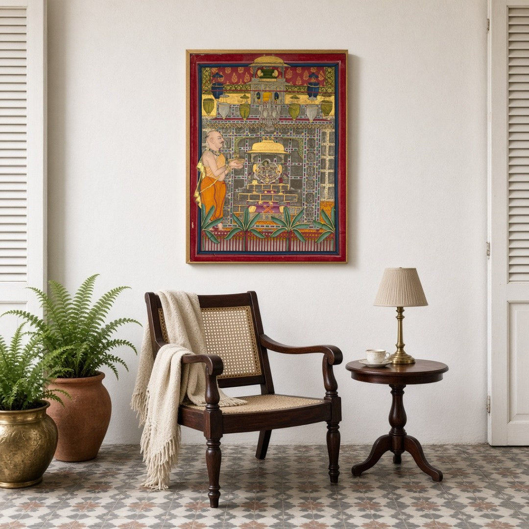 Immerse yourself in the sacred elegance of Pichwai art with 'Regal Devotion: Shrinathji in Divine for Sitting Lounge