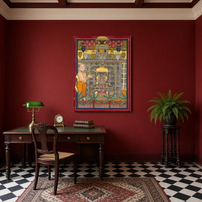 Immerse yourself in the sacred elegance of Pichwai art with 'Regal Devotion: Shrinathji in Divine for Study
