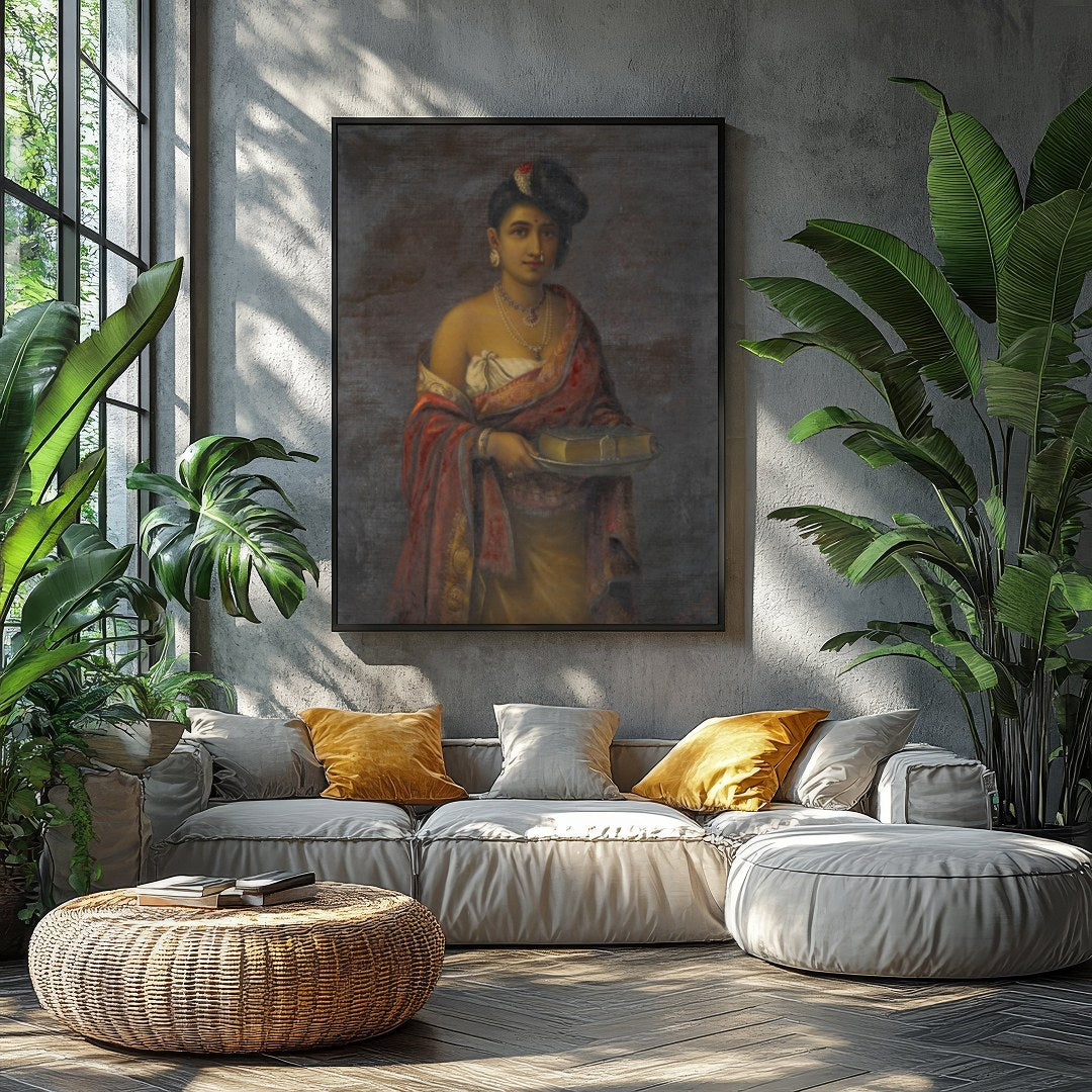 This exquisite portrait captures the timeless beauty and regal elegance of a woman in traditional for Balcony