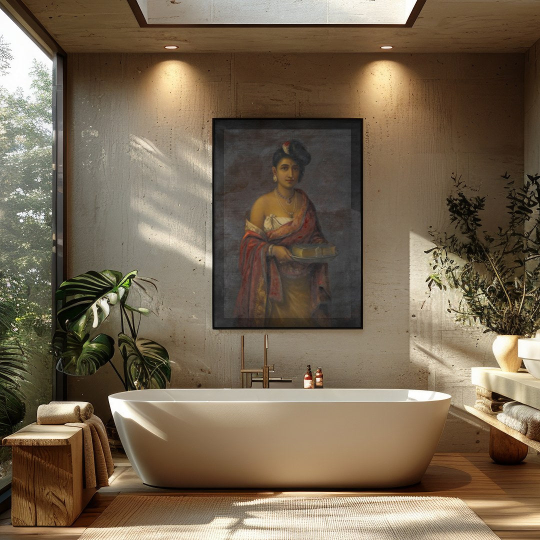 This exquisite portrait captures the timeless beauty and regal elegance of a woman in traditional for Bathroom