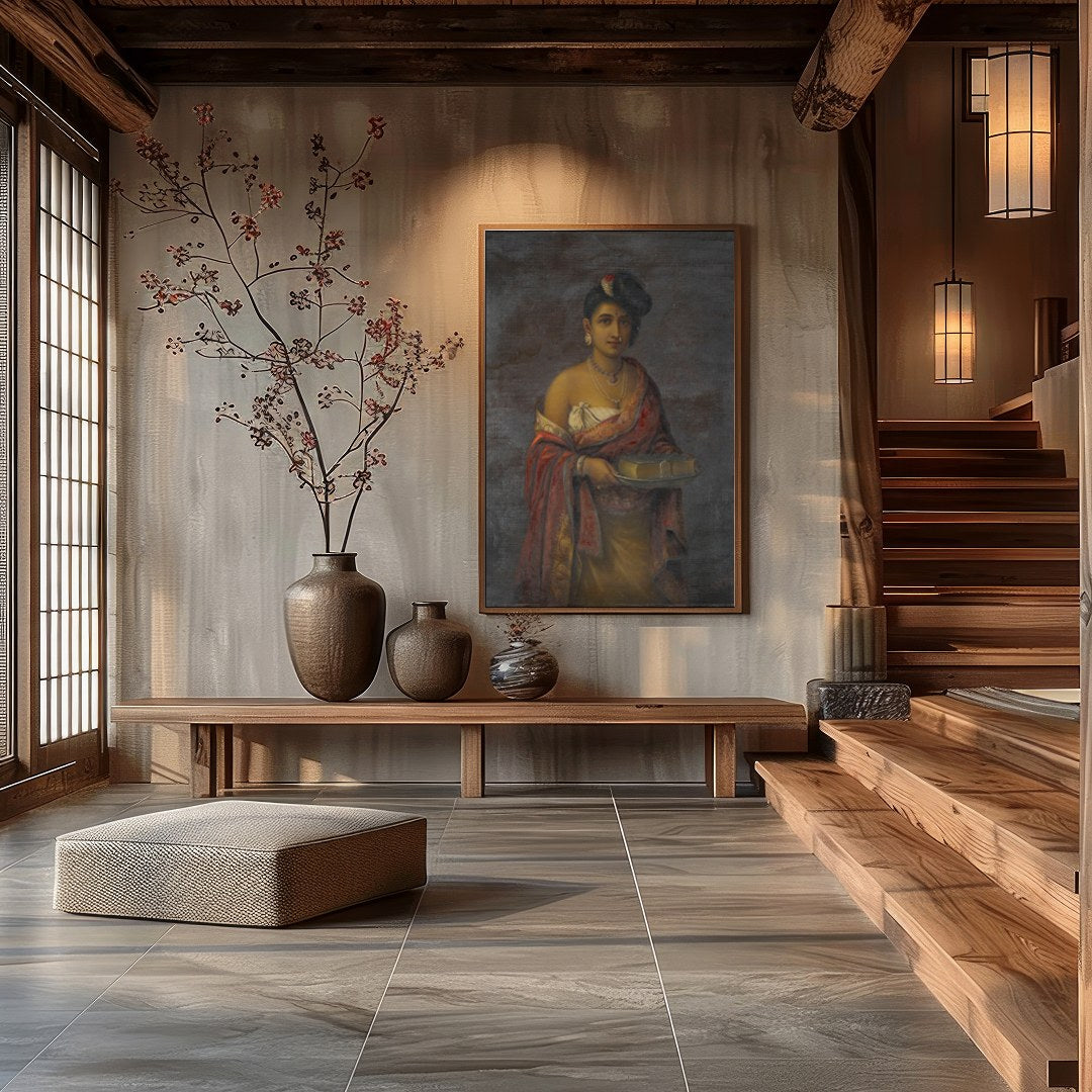 This exquisite portrait captures the timeless beauty and regal elegance of a woman in traditional for Hall