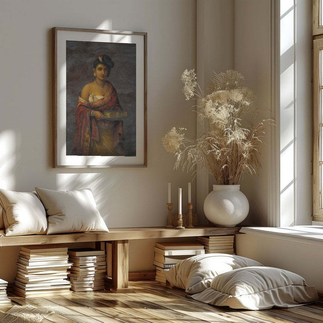 This exquisite portrait captures the timeless beauty and regal elegance of a woman in traditional for home