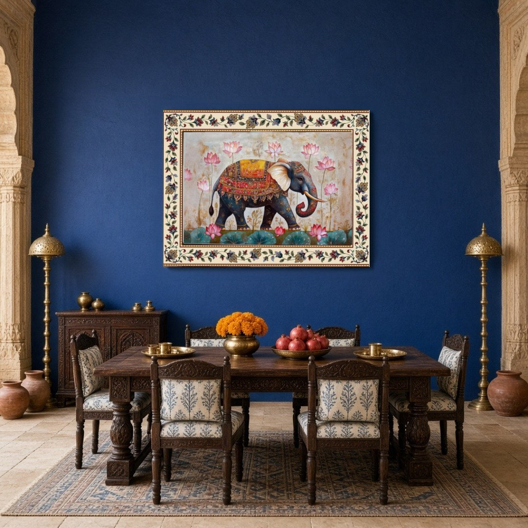 Immerse yourself in the majestic presence of a regal elephant adorned with intricate patterns, set for Dining