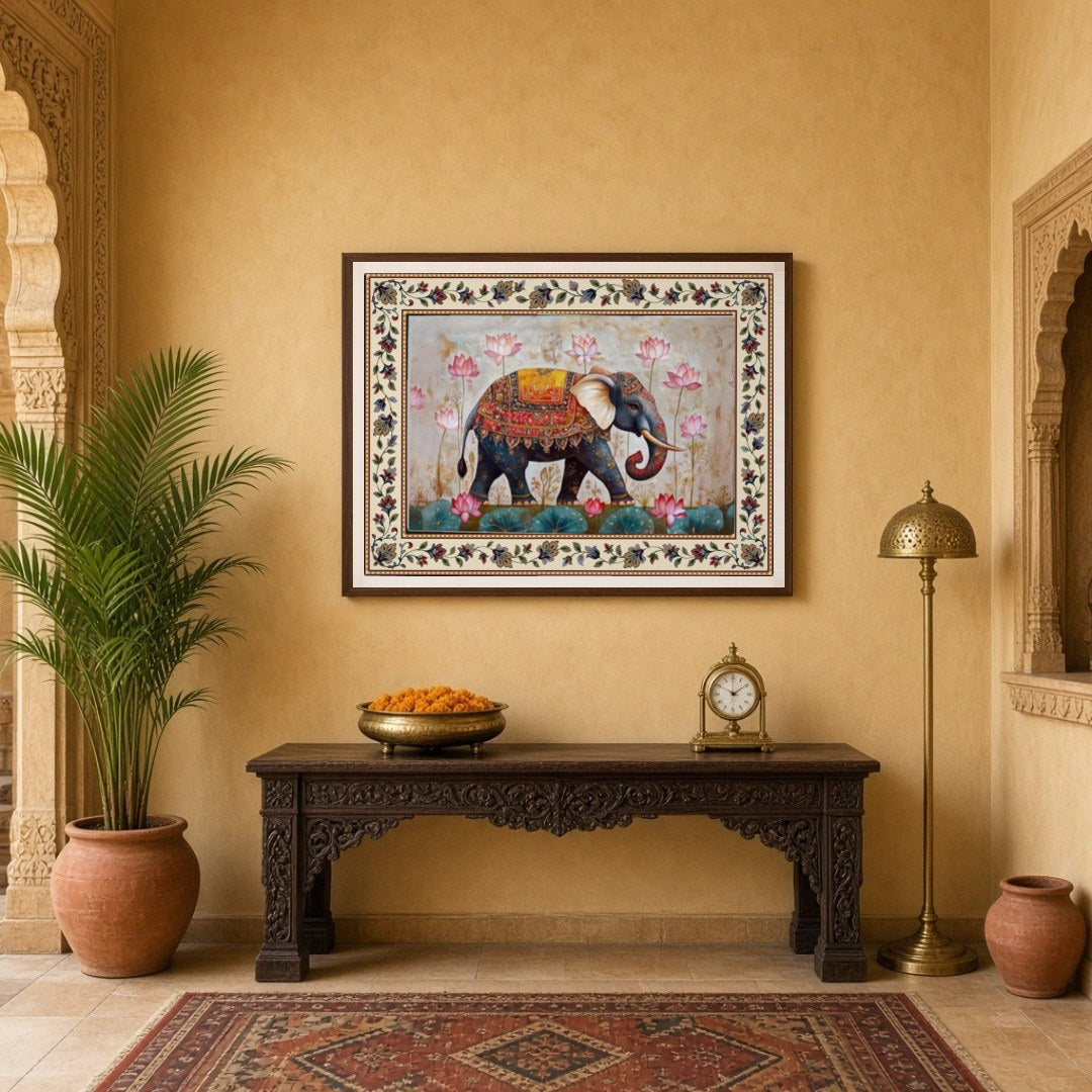 Immerse yourself in the majestic presence of a regal elephant adorned with intricate patterns, set for Entrance