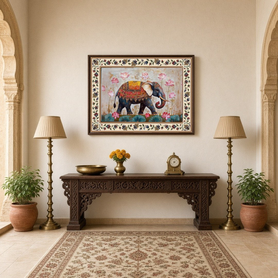 Immerse yourself in the majestic presence of a regal elephant adorned with intricate patterns, set for Hallway