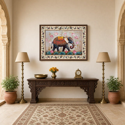 Immerse yourself in the majestic presence of a regal elephant adorned with intricate patterns, set for Hallway