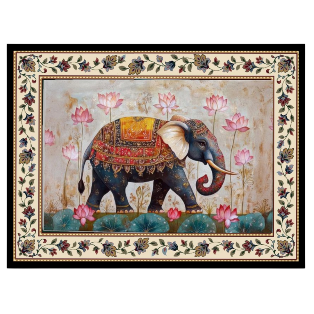 Immerse yourself in the majestic presence of a regal elephant adorned with intricate patterns, set for interior