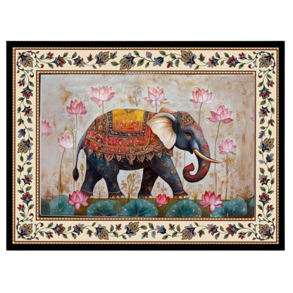 Immerse yourself in the majestic presence of a regal elephant adorned with intricate patterns, set for interior