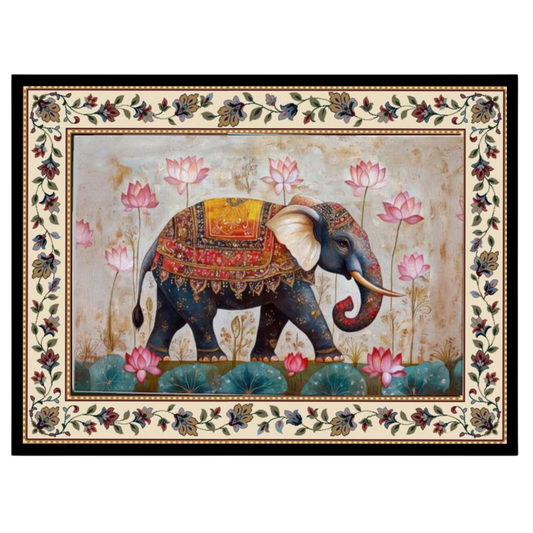 Immerse yourself in the majestic presence of a regal elephant adorned with intricate patterns, set for interior
